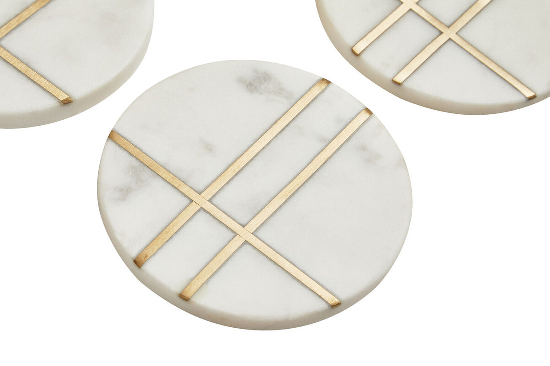 Omari Set of Four White Marble Gold Inlay Round Coasters - Image 3