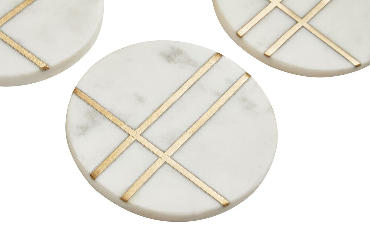 Omari Set of Four White Marble Gold Inlay Round Coasters