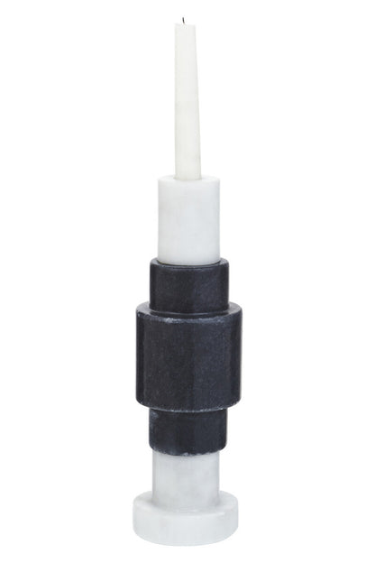 Candle holder with marble base and black accent on a white background