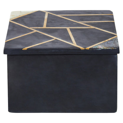 Black storage ottoman with gold geometric patterns on a white background