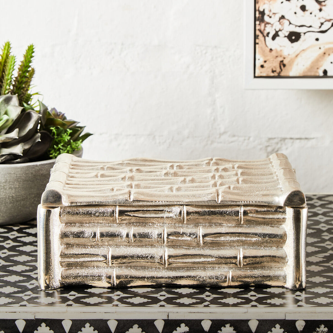 Hiba Small Silver Finish Bamboo Effect Trinket Box