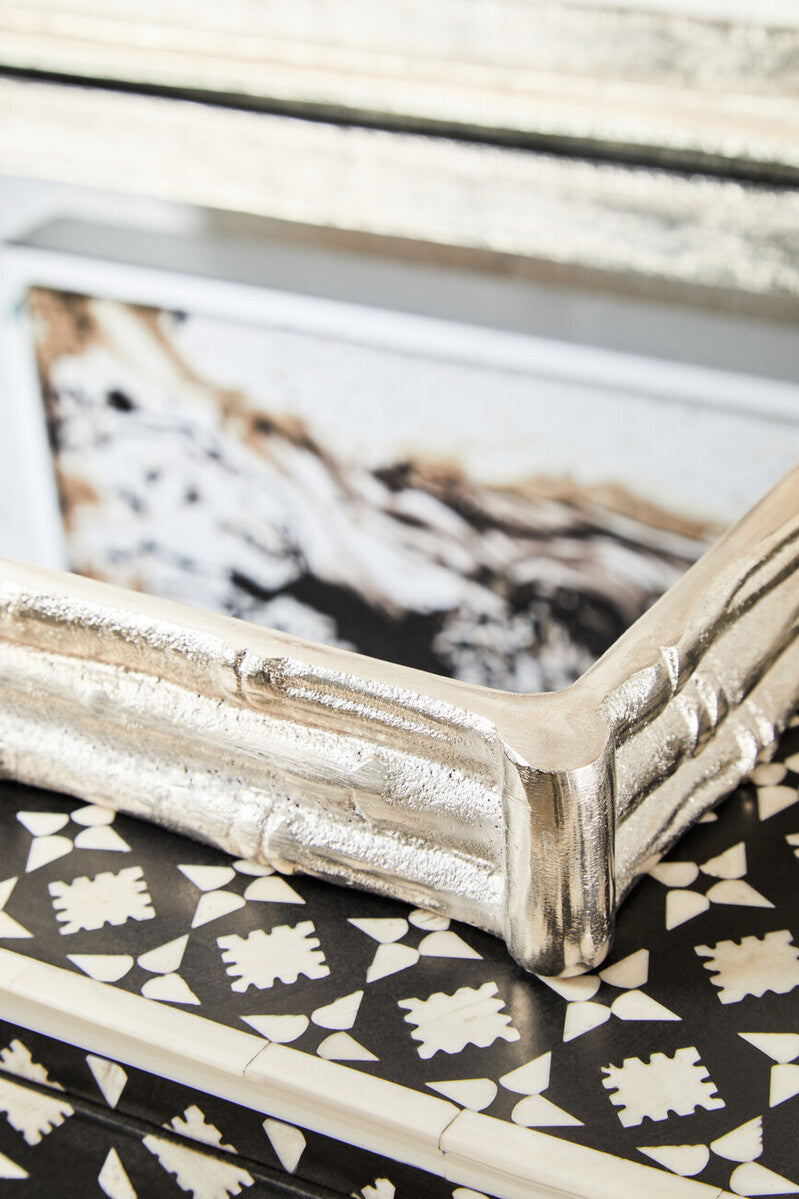 Hiba Silver Finish Bamboo Effect Mirrored Tray