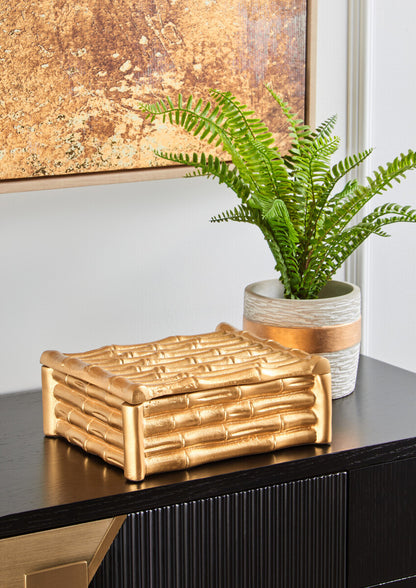 Hiba Large Gold Finish Bamboo Effect Trinket Box