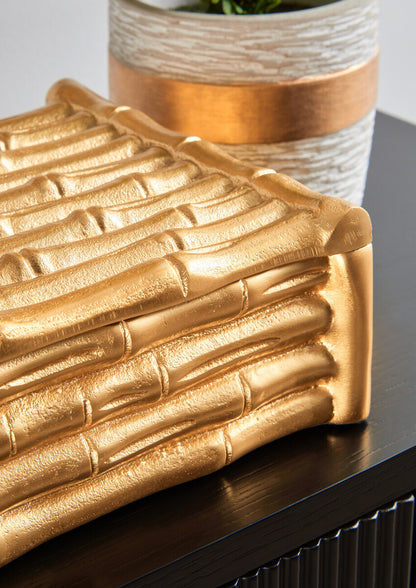 Hiba Large Gold Finish Bamboo Effect Trinket Box