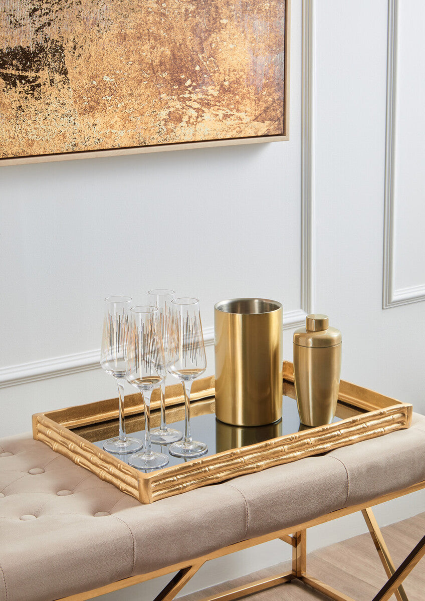 Hiba Gold Finish Bamboo Effect Mirrored Tray