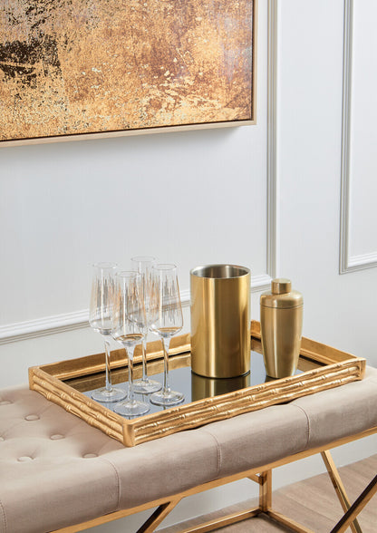 Hiba Gold Finish Bamboo Effect Mirrored Tray