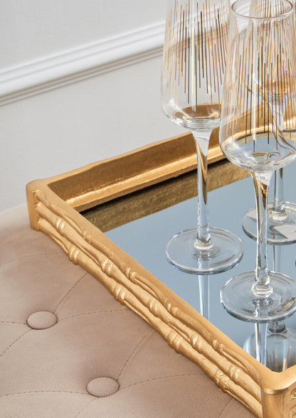 Hiba Gold Finish Bamboo Effect Mirrored Tray