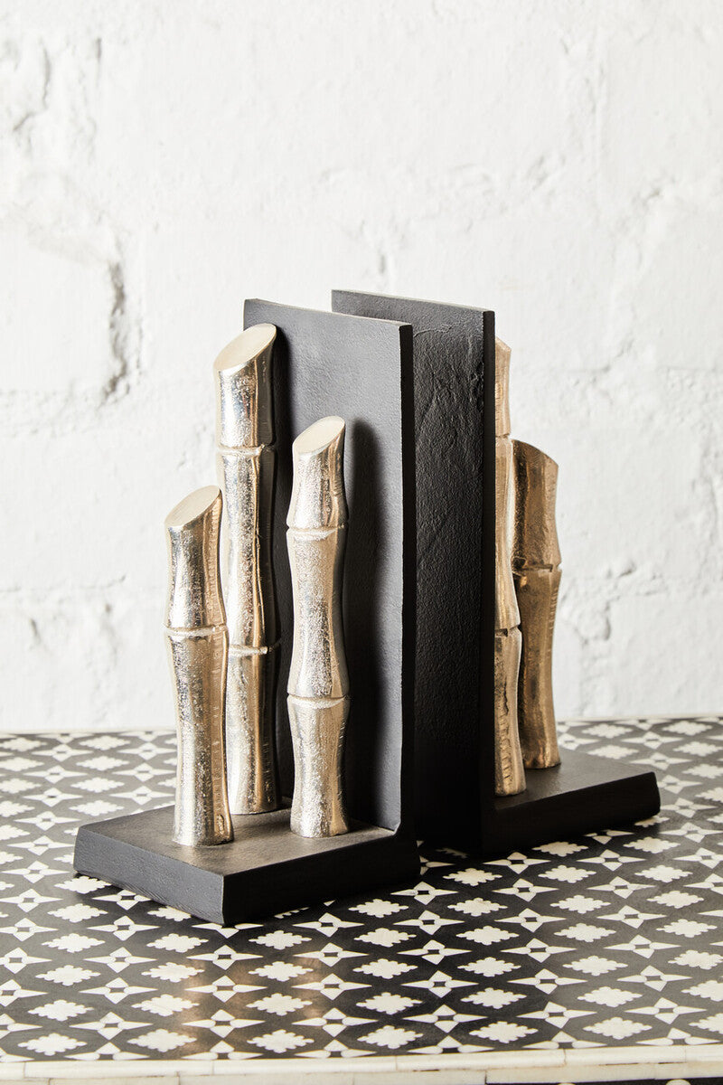 Hiba Set Of Two Silver Finish Bamboo Effect Bookends