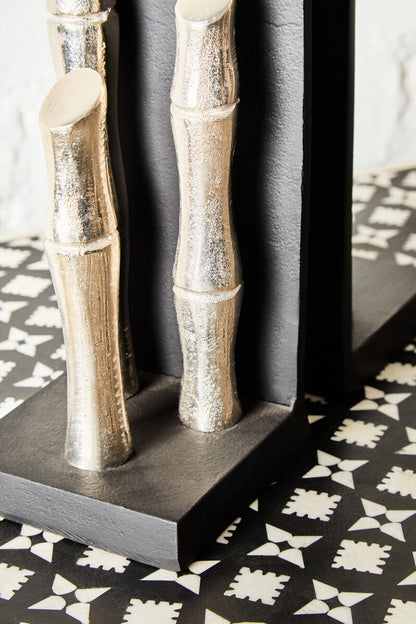 Hiba Set Of Two Silver Finish Bamboo Effect Bookends
