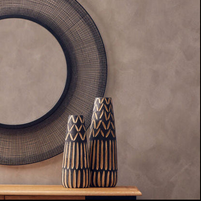 Arlo Large Wooden Engraved Vase In Black And Natural