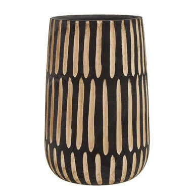 Tall cylindrical vase with black and beige striped pattern on a white background