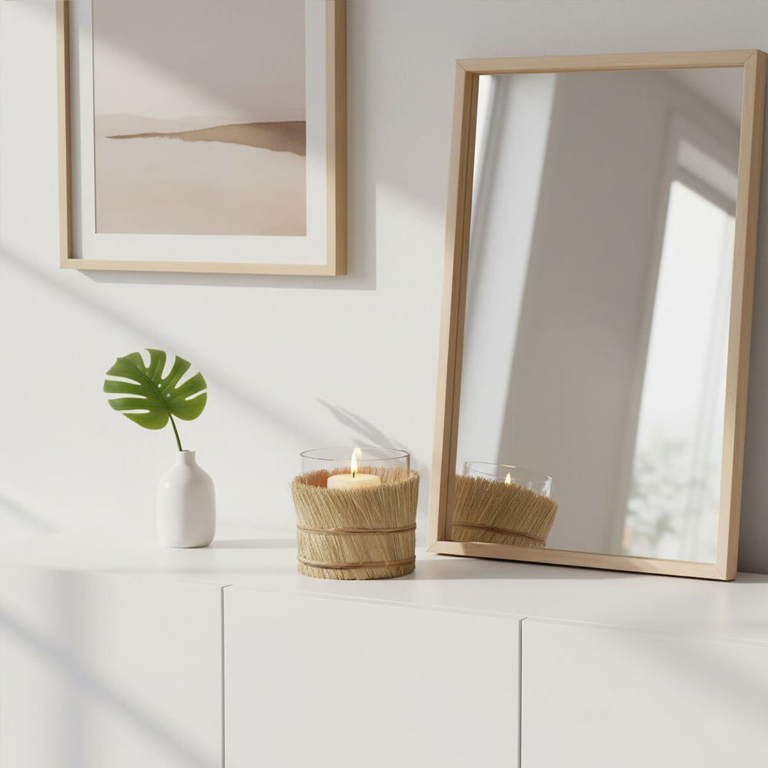 Decorative setup with a mirror, candles, and a plant on a white surface.