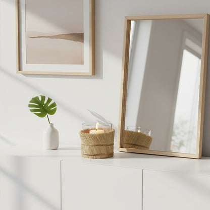 Decorative setup with a mirror, candles, and a plant on a white surface.