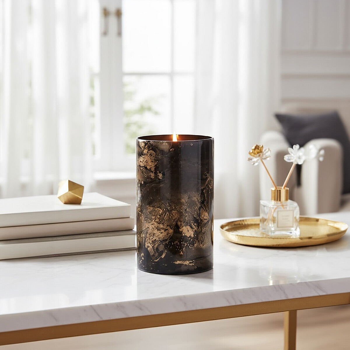 Gaia Black And Gold Marble Effect Large Candle Holder