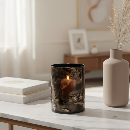 Gaia Black And Gold Marble Effect Small Candle Holder