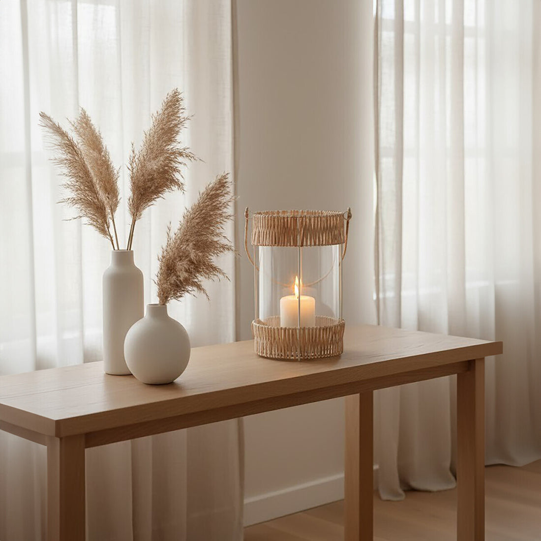 Decorative setup with pampas grass in vases and a candle in a woven lantern on a wooden table.