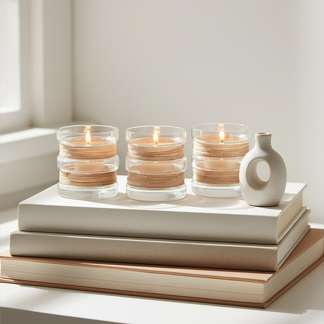 Three stacked candles in glass holders on books with a white vase beside them.