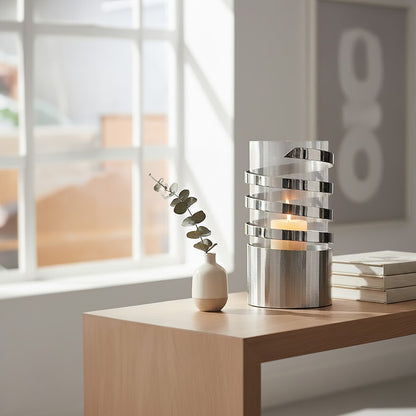 Amreli Large Vertical Textured Silver Metal Hurricane Candle Holder