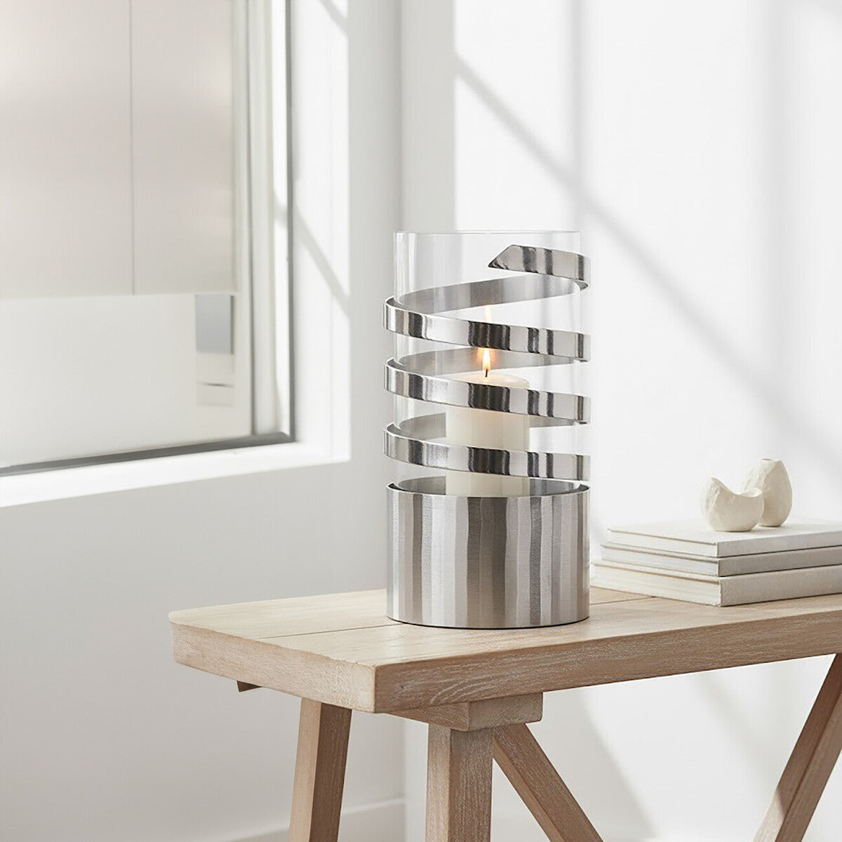 Amreli Large Vertical Textured Silver Metal Hurricane Candle Holder