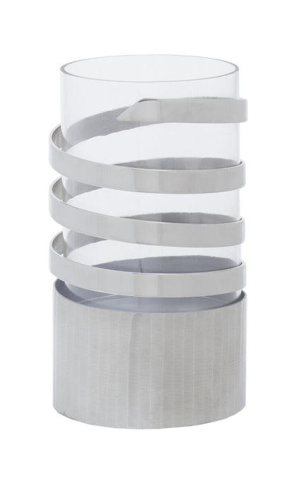 Amreli Small Vertical Textured Silver Metal Hurricane Candle Holder.