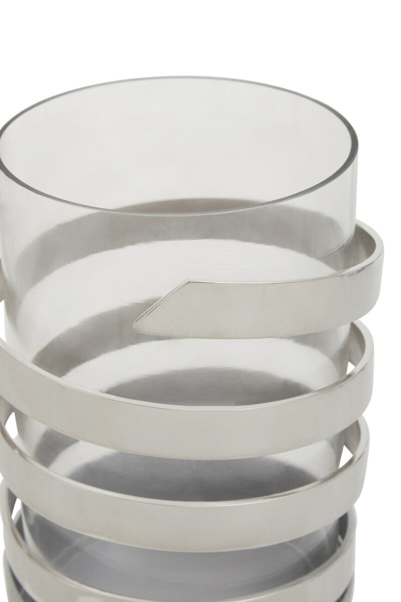 Amreli Small Vertical Textured Silver Metal Hurricane Candle Holder.