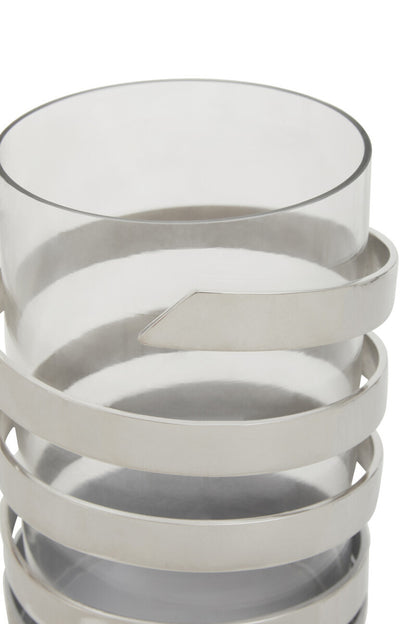 Amreli Small Vertical Textured Silver Metal Hurricane Candle Holder.