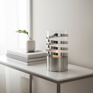 Amreli Small Vertical Textured Silver Metal Hurricane Candle Holder.