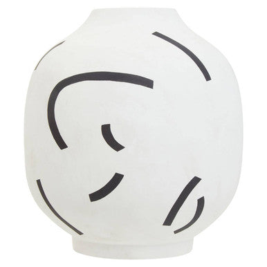 White ceramic vase with black abstract design on a white background