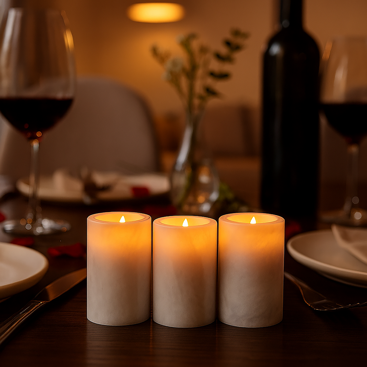 Candlelit dinner table setting with wine glasses and a bottle.