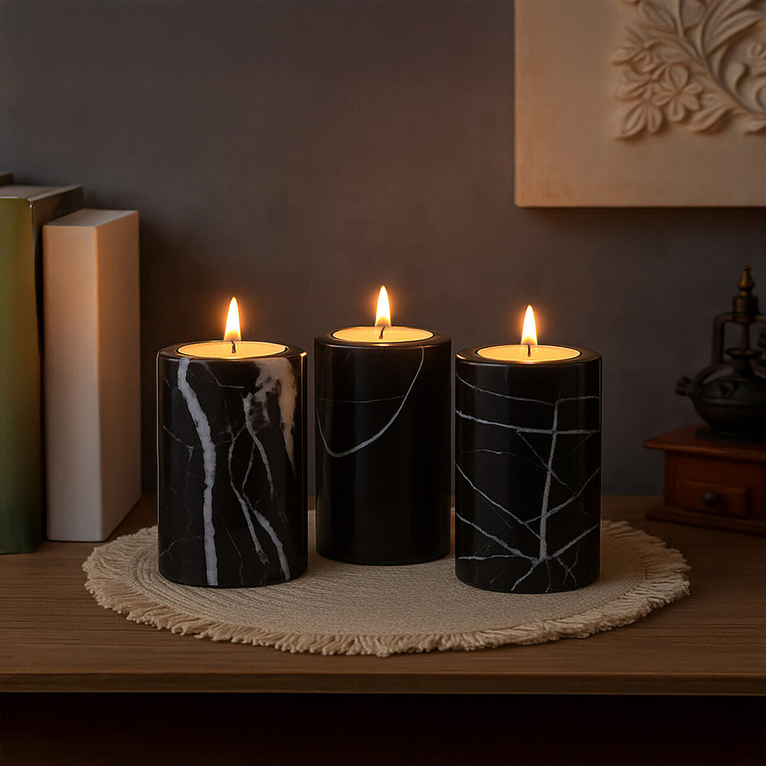 Salmo Set Of Three Black Marble Tealight Holders