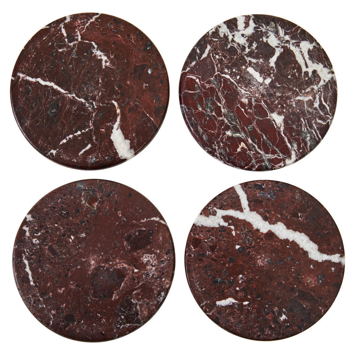 Four circular maroon stones with white veins on a white background