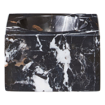 Black marble square bowl with a white interior on a white background
