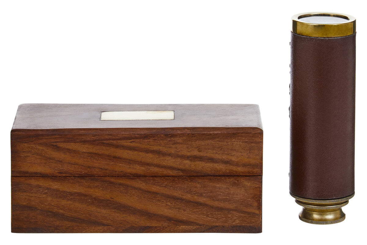 Wooden box and cylindrical leather-bound book on a white background