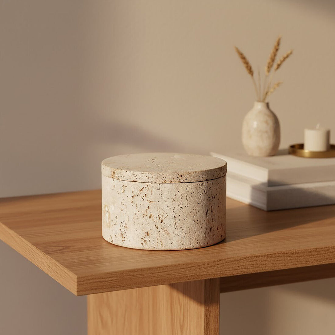 Tibor Travertine Round Trinket Box