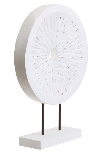 Fidel Distressed White Carved Wood Large Round Sculpture