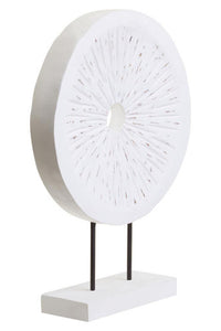 Fidel Distressed White Carved Wood Large Round Sculpture