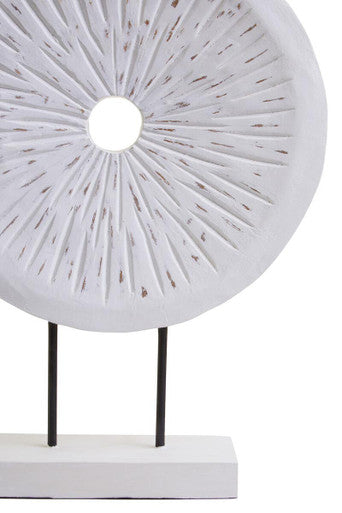 Fidel Distressed White Carved Wood Large Round Sculpture