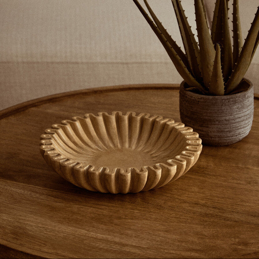 Decorative bowl and potted plant on a wooden table with a blurred background