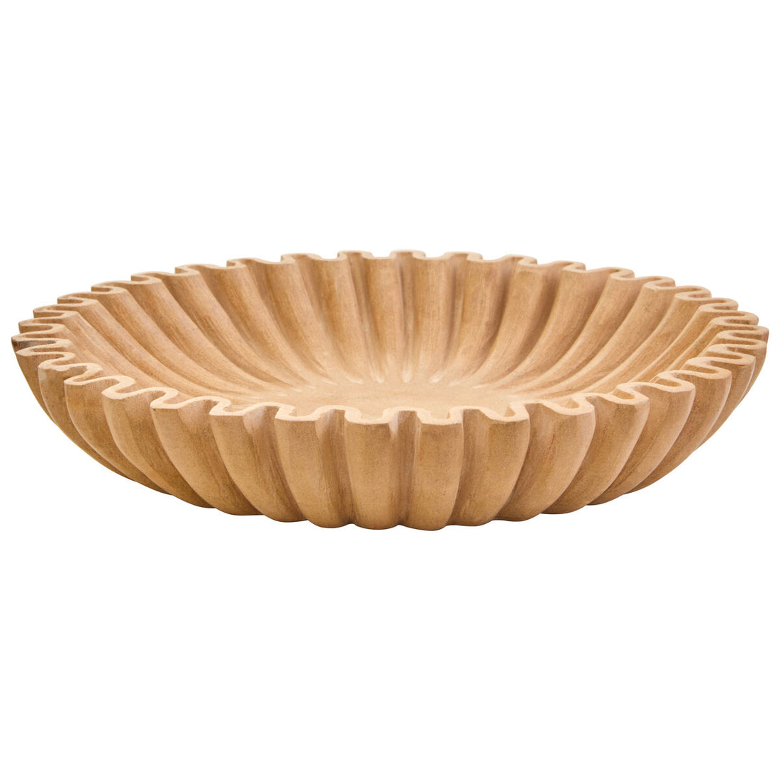 Wooden bowl with a ribbed design on a white background