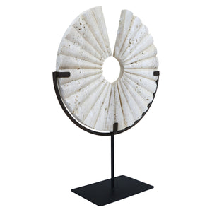 Tibor Travertine Disc Sculpture With Black Metal Base