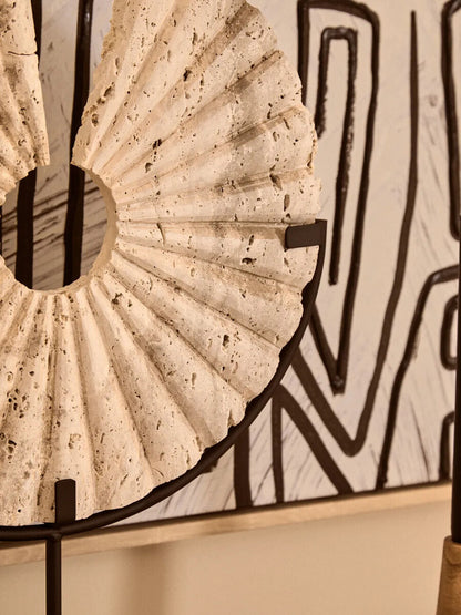 Travertine Ridged Disc Sculpture with Black Metal Base | Tibor