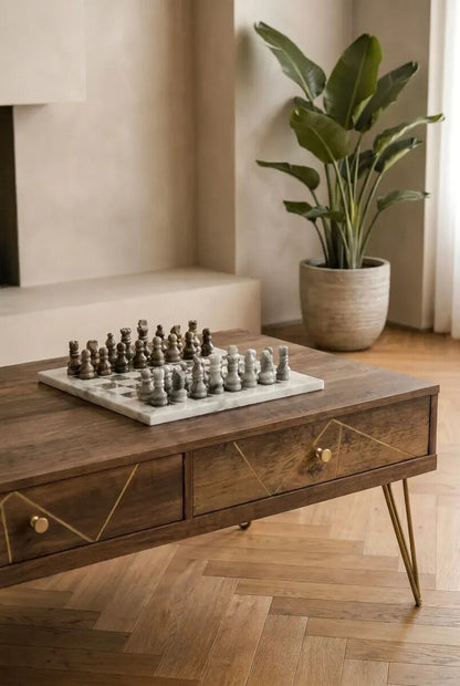 White and Grey Small Marble Chess Set | Flos