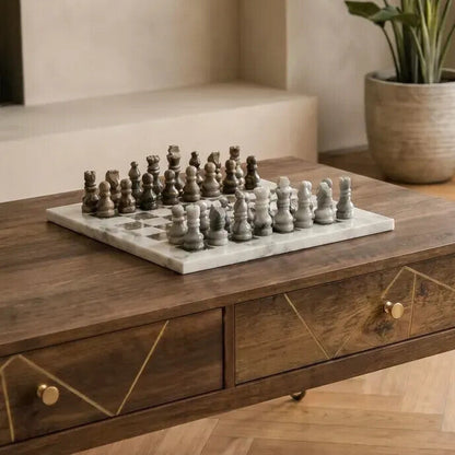 White and Grey Small Marble Chess Set | Flos