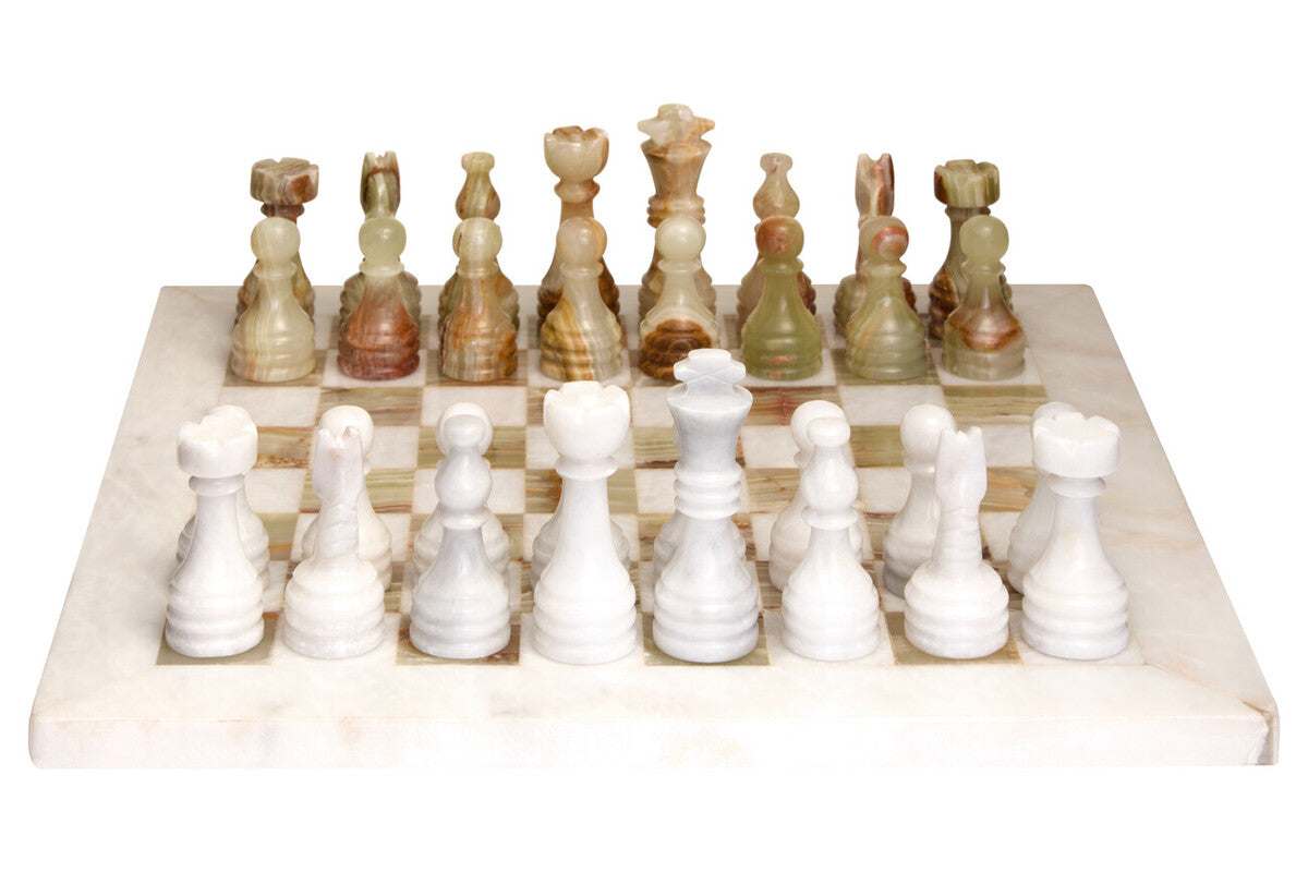 Flos Carved White Marble and Green Onyx Small Marble Chess Set - Image 1