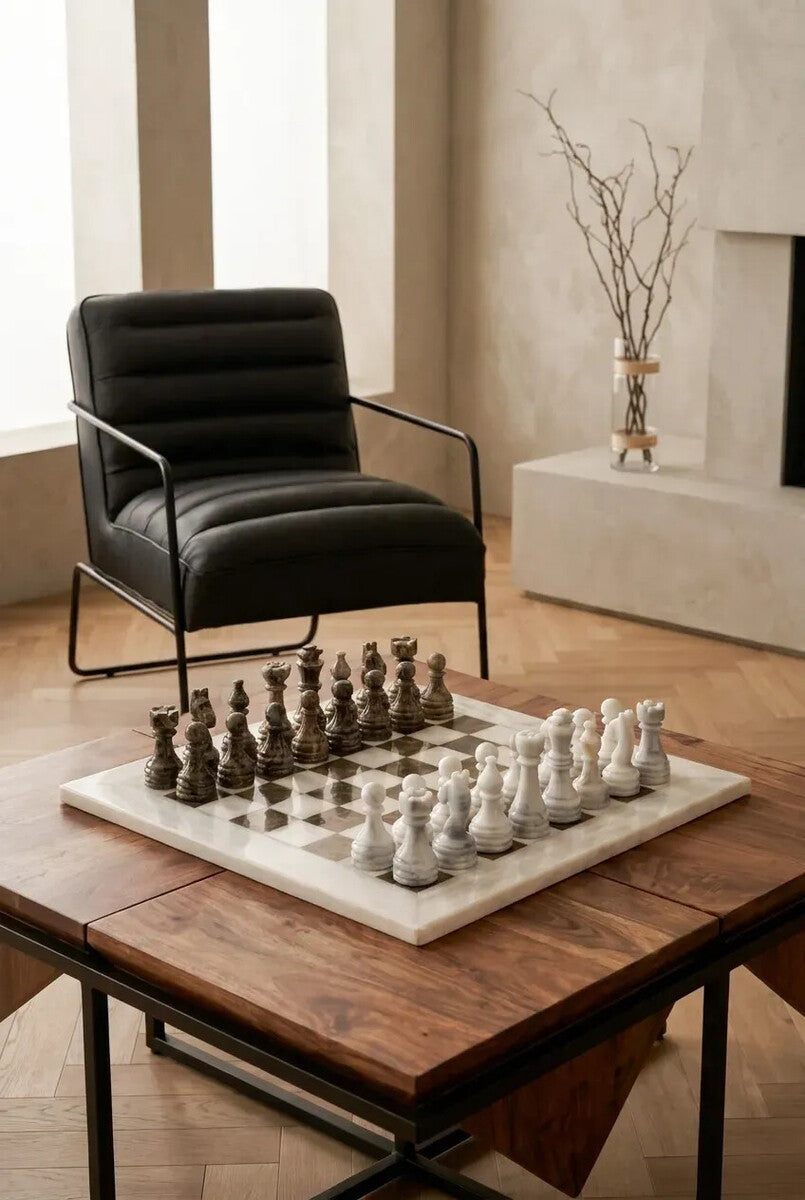 Carved White and Grey Large Marble Chess Set | Flos
