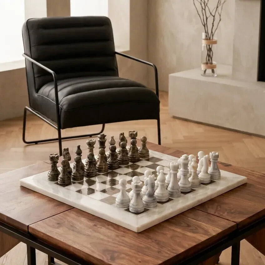 Carved White and Grey Large Marble Chess Set | Flos