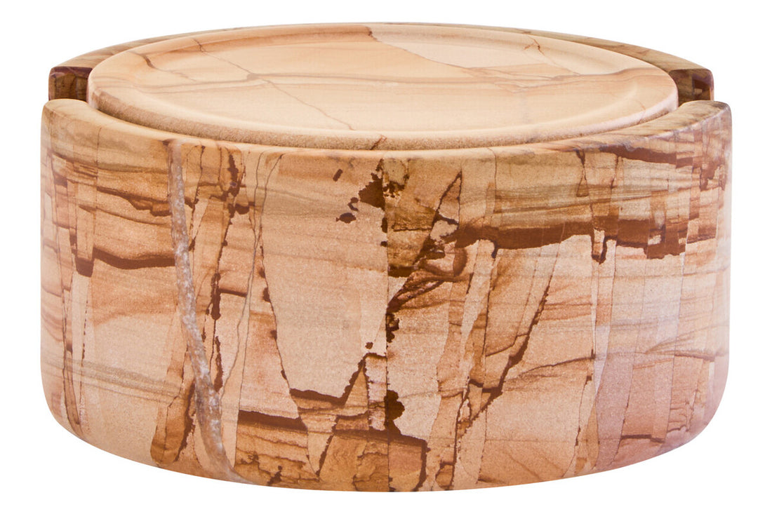 Tiga Teakwood Marble Set Of Five Round Coasters with Holder