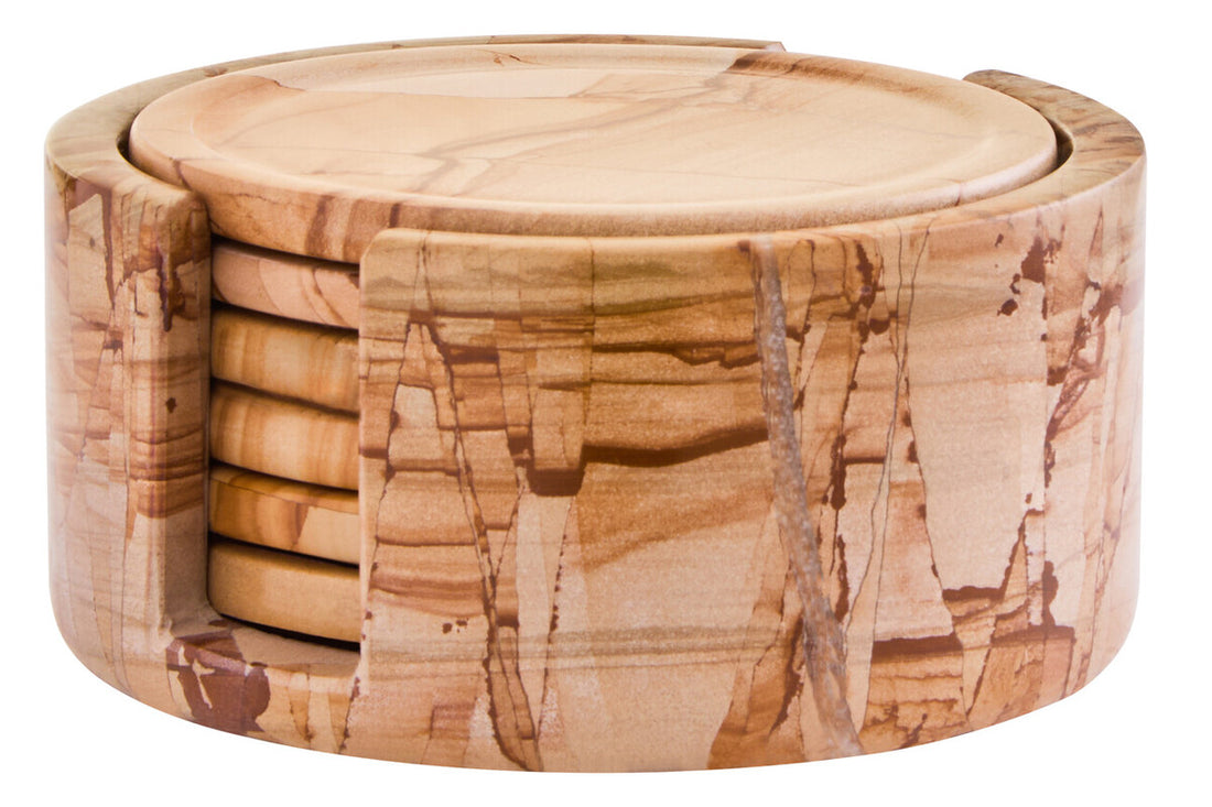 Tiga Teakwood Marble Set Of Five Round Coasters with Holder