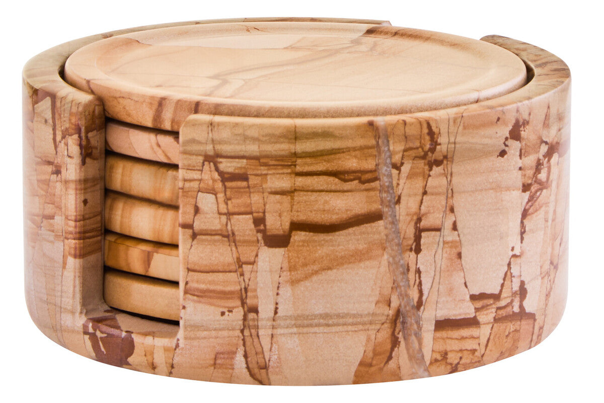 Tiga Teakwood Marble Set Of Five Round Coasters with Holder