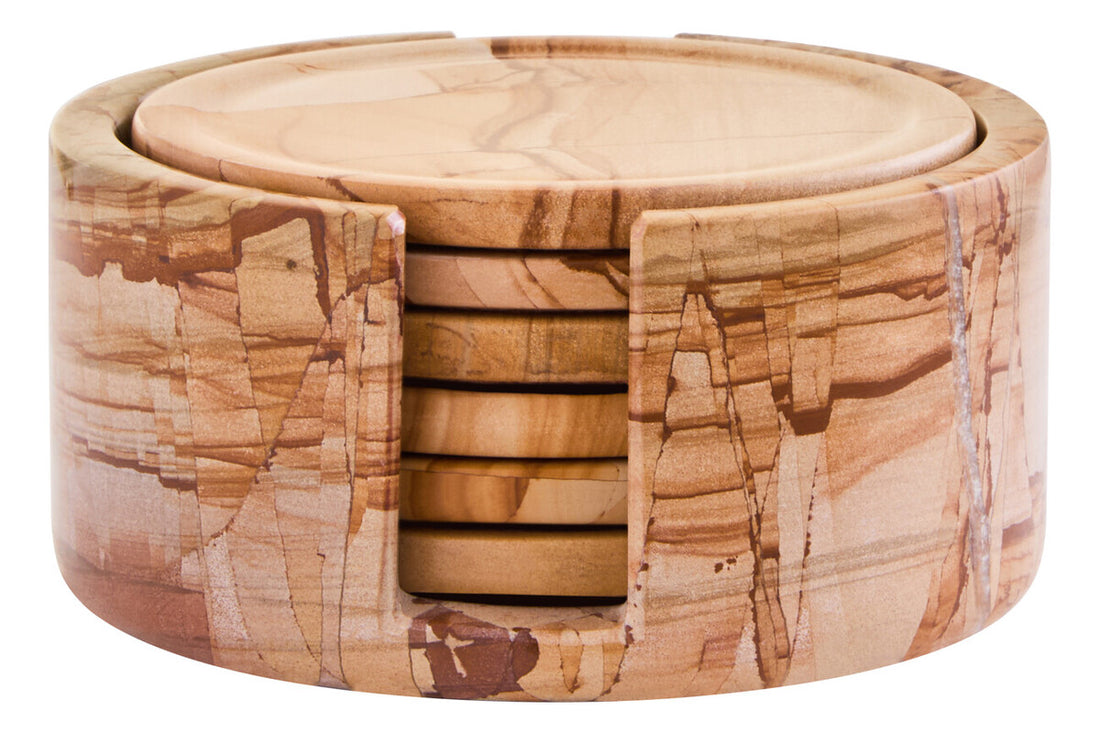 Tiga Teakwood Marble Set Of Five Round Coasters with Holder